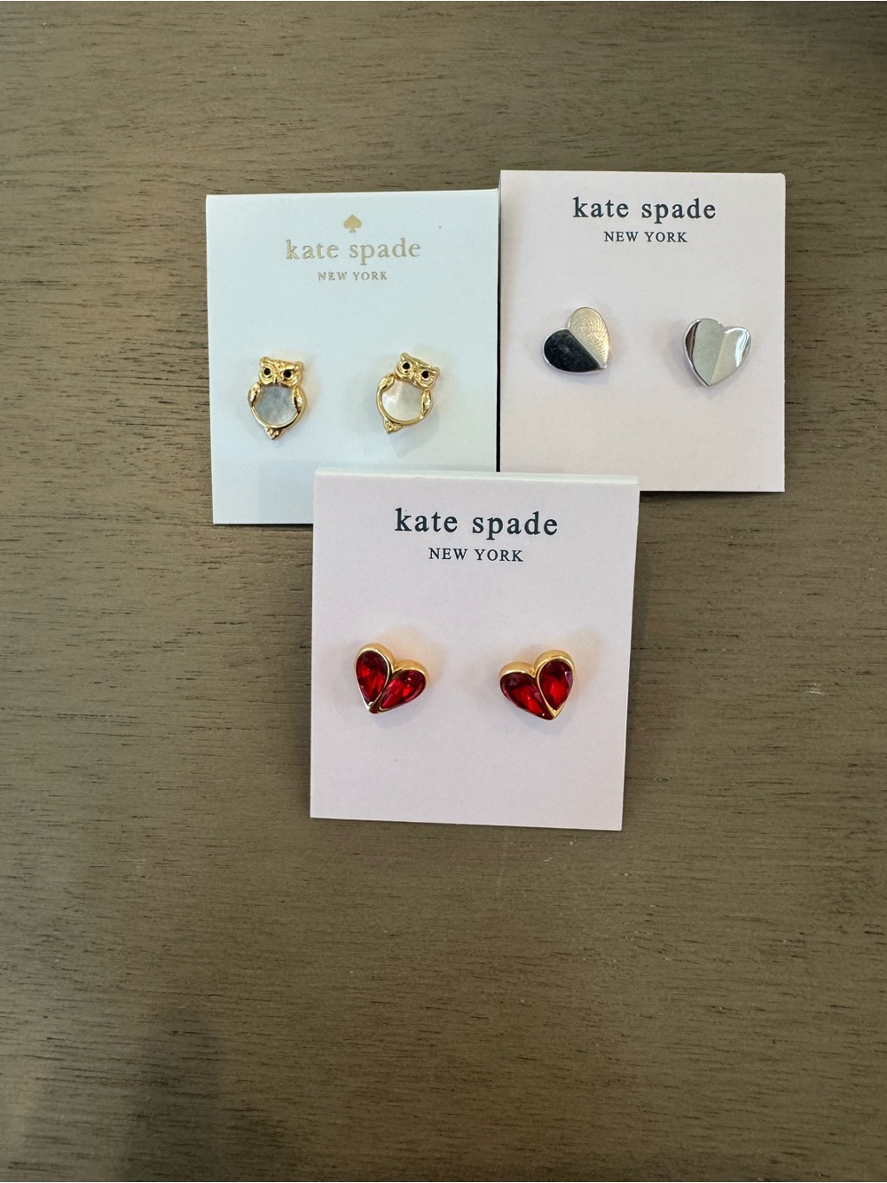 kate spade Gold and Silver Heart & Owl Stud Earring Trio with Red Heart Accent